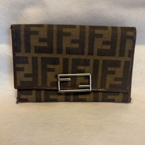 Fendi Brown Zucca Canvas Fold-Over Wallet with Silver Buckle
